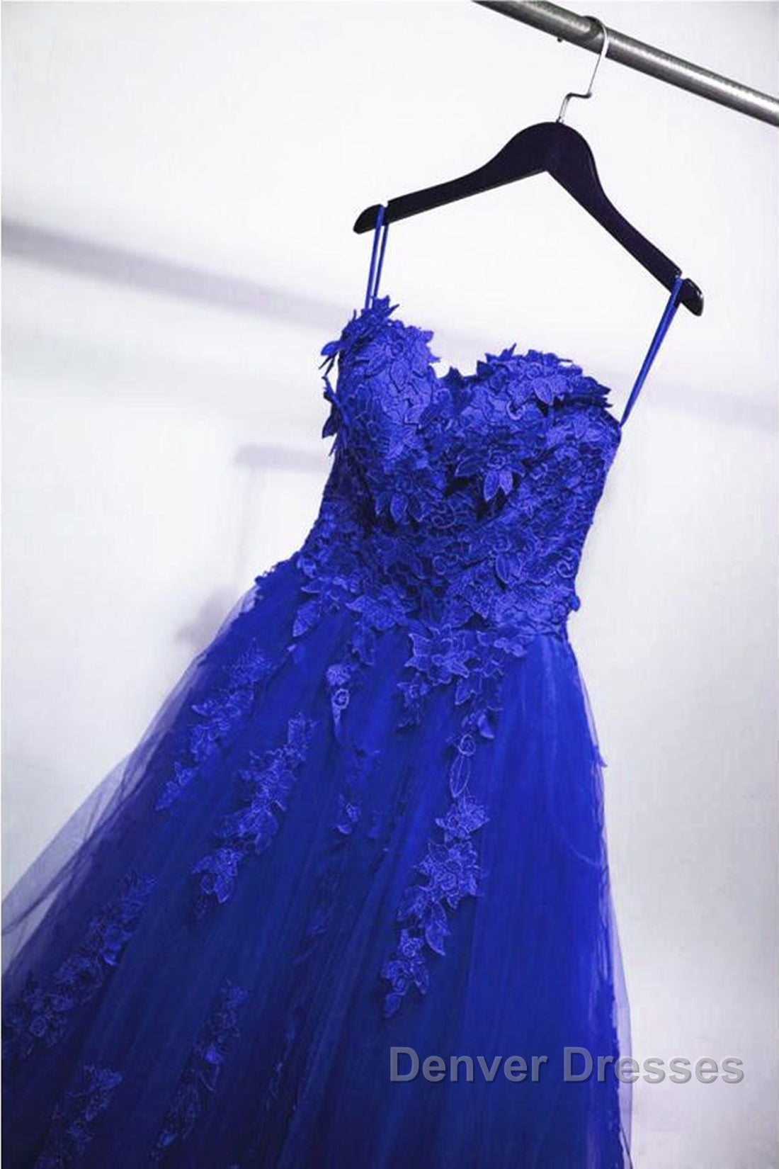 Gorgeous Blue Lace Floral Long Prom Dress, Blue Appliques Formal Evening Dress, Blue Ball Gown Secondary image