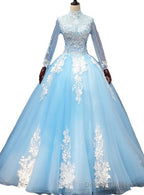 Gorgeous Blue Long Sleeves Ball Gown Sweet 16 Dress, Charming Formal Gown