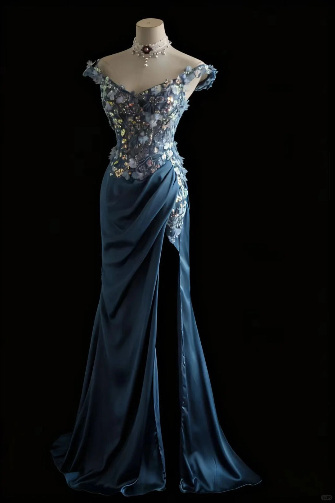 Gorgeous Blue Off-Shoulder Sequined 3D Floral Satin Long Prom Dress Evening Dress