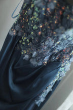 Gorgeous Blue Off-Shoulder Sequined 3D Floral Satin Long Prom Dress Evening Dress