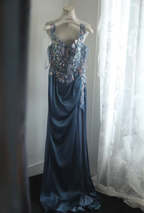 Gorgeous Blue Off-Shoulder Sequined 3D Floral Satin Long Prom Dress Evening Dress