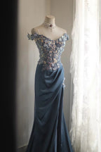 Gorgeous Blue Off-Shoulder Sequined 3D Floral Satin Long Prom Dress Evening Dress