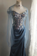 Gorgeous Blue Off-Shoulder Sequined 3D Floral Satin Long Prom Dress Evening Dress