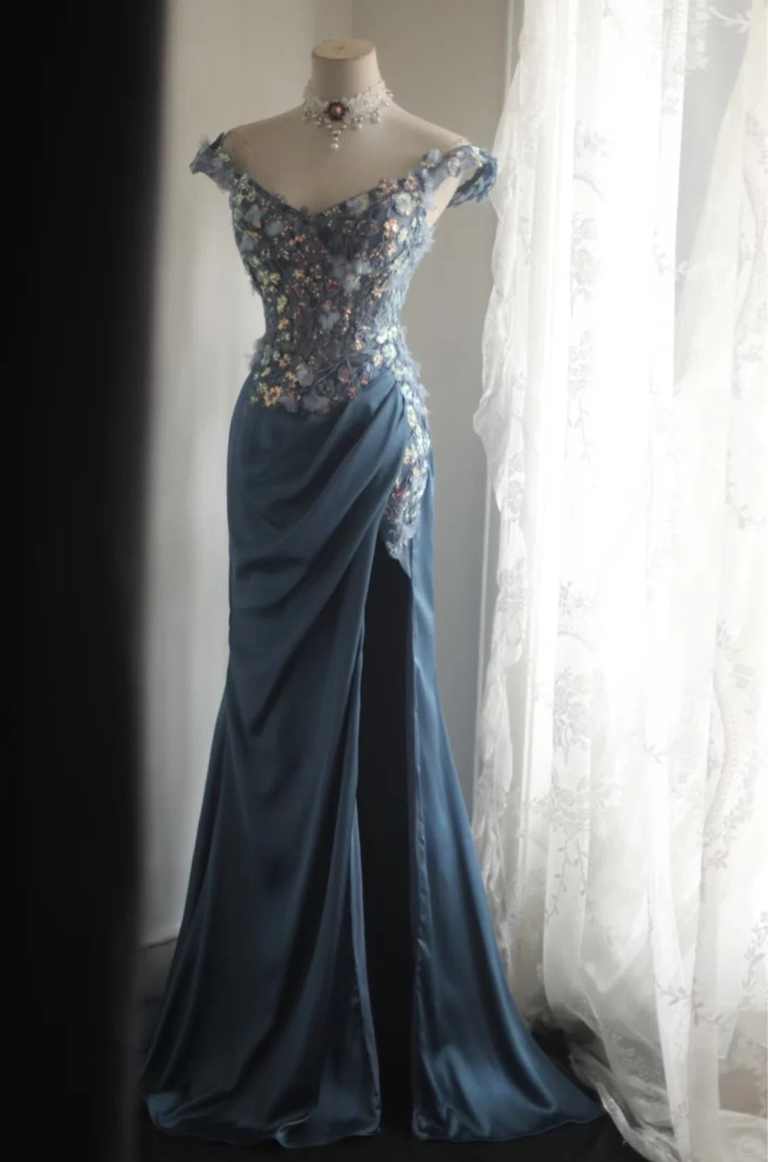 Gorgeous Blue Off-Shoulder Sequined 3D Floral Satin Long Prom Dress Evening Dress