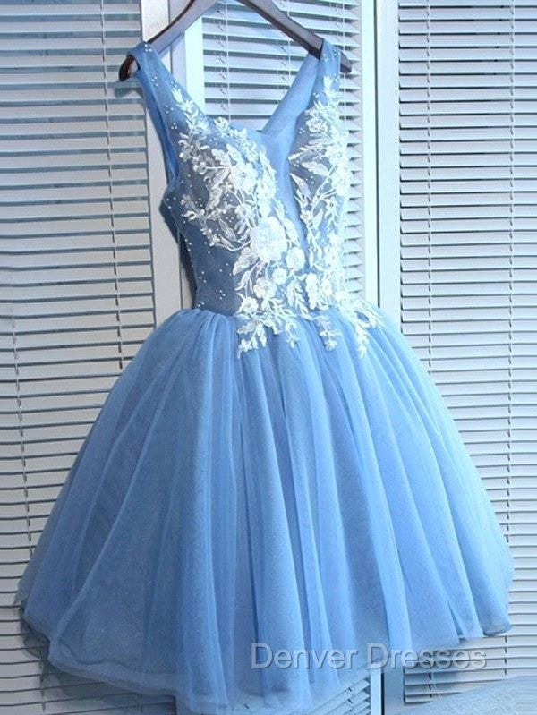 Gorgeous Blue Short Homecoming Dress V-Neck Lace-Up Hoco Dress