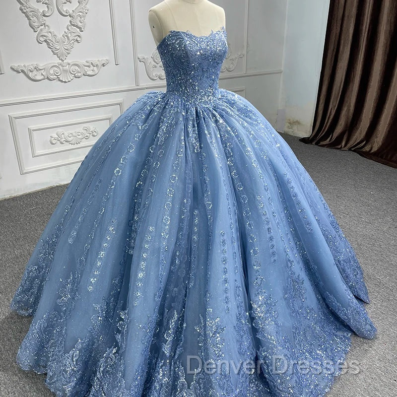Gorgeous Blue Sleeveless Strapless Ball Gown Quinceanera Dress