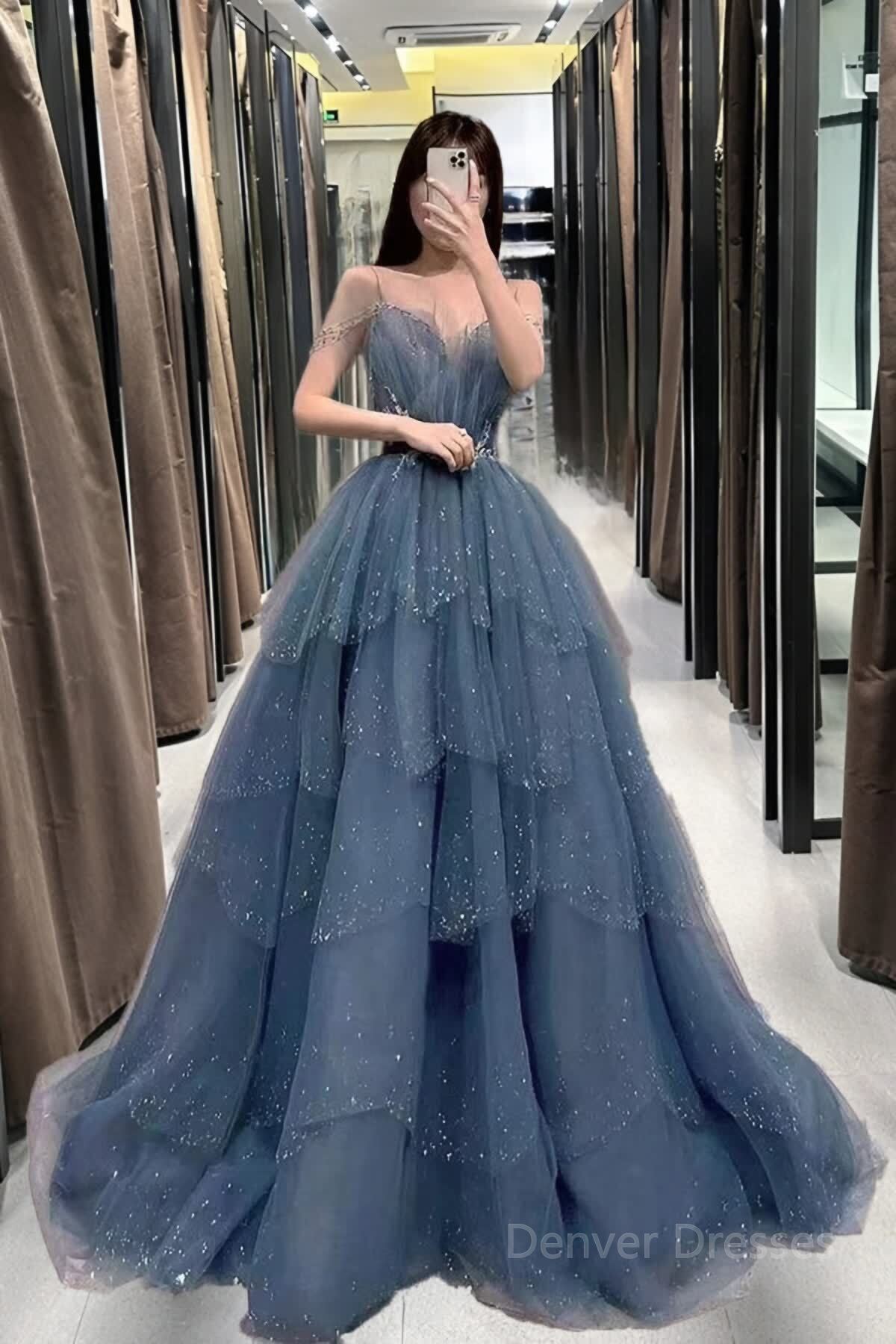 Gorgeous Blue Sparkly Tulle Beaded Prom Dress, Tiered Formal Gown With Rhinestone Main image