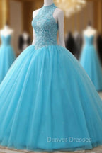 Gorgeous Blue Tulle Ball Gown Lace Top Sweet 16 Dress, Blue Quinceanera Dress
