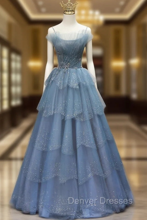 Gorgeous Blue Tulle Layers Beaded Long Wedding Party Dress, Blue Formal Gown