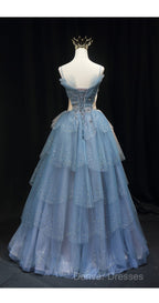 Gorgeous Blue Tulle Layers Beaded Long Wedding Party Dress, Blue Formal Gown
