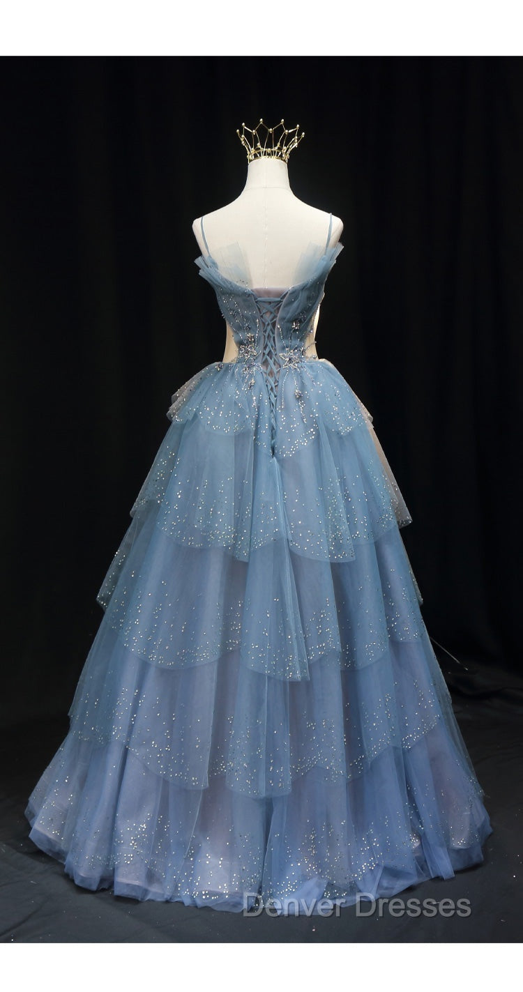 Gorgeous Blue Tulle Layers Beaded Long Wedding Party Dress, Blue Formal Gown
