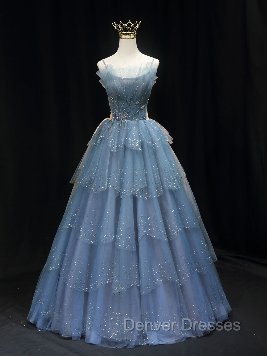 Gorgeous Blue Tulle Layers Beaded Long Wedding Party Dress, Blue Formal Gown