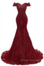 Gorgeous Burgundy Prom Party Gowns| Mermaid Lace Evening Gowns