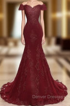 Gorgeous Burgundy Prom Party Gowns| Mermaid Lace Evening Gowns