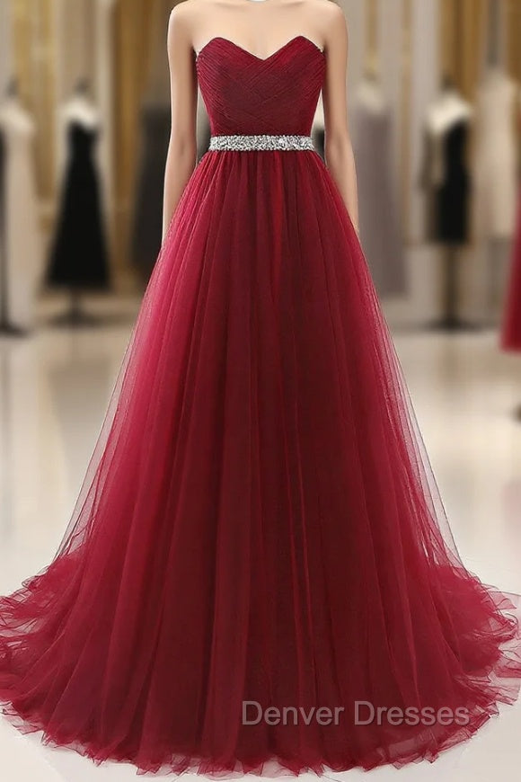 Gorgeous Burgundy Sweetheart Long Prom Dress Tulle Crystal Evening Gown Main image