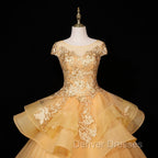Gorgeous Champagne Ball Gown Sweet 16 Gown with Lace, Flowers Lace Formal Dress
