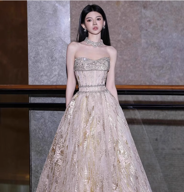 Gorgeous Champagne Gold Strapless A-Line Beaded Tulle Long Prom Dress Evening Dress