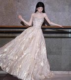 Gorgeous Champagne Gold Strapless A-Line Beaded Tulle Long Prom Dress Evening Dress