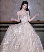 Gorgeous Champagne Gold Strapless A-Line Beaded Tulle Long Prom Dress Evening Dress