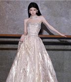 Gorgeous Champagne Gold Strapless A-Line Beaded Tulle Long Prom Dress Evening Dress