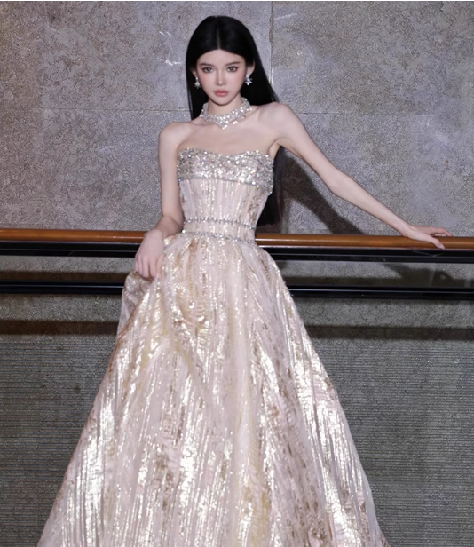 Gorgeous Champagne Gold Strapless A-Line Beaded Tulle Long Prom Dress Evening Dress