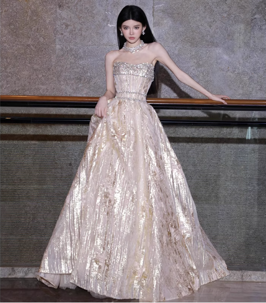 Gorgeous Champagne Gold Strapless A-Line Beaded Tulle Long Prom Dress Evening Dress