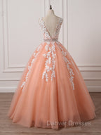 Gorgeous Coral Tulle High Quality V-neck Lace Appliques Beads Party Dress, Long Formal Dress