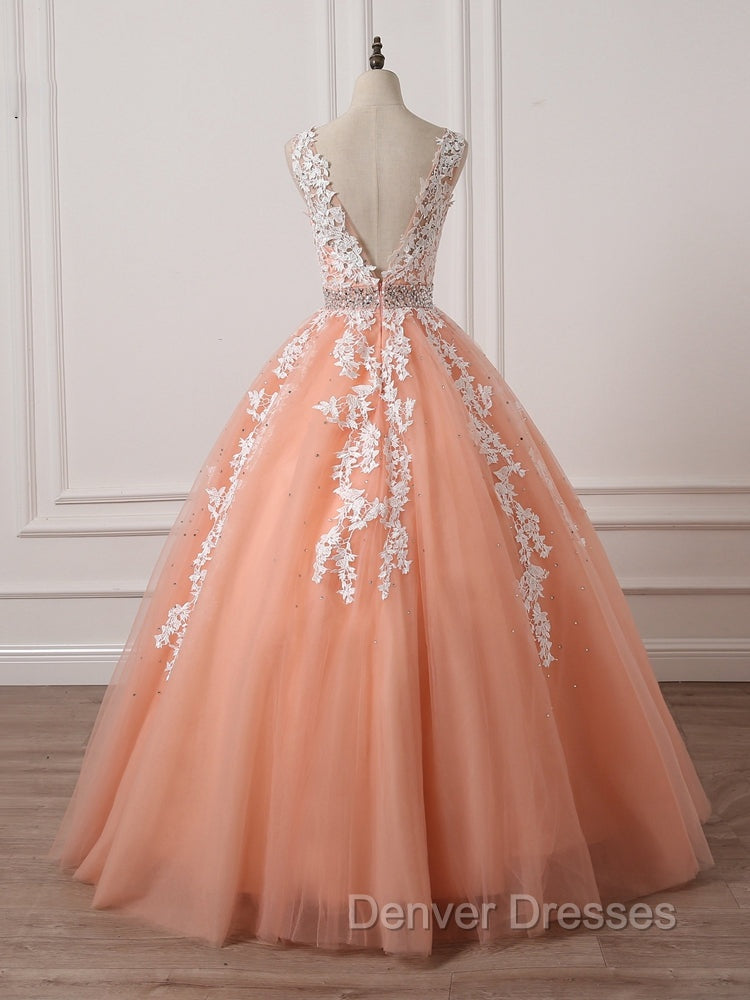 Gorgeous Coral Tulle High Quality V-neck Lace Appliques Beads Party Dress, Long Formal Dress