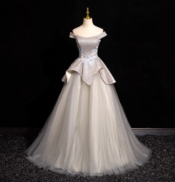 Gorgeous Court Silver-White One-Shoulder Sequin Tulle Long Ball Gown Evening Dress Sweet 16 Dress Secondary image