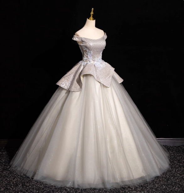 Gorgeous Court Silver-White One-Shoulder Sequin Tulle Long Ball Gown Evening Dress Sweet 16 Dress