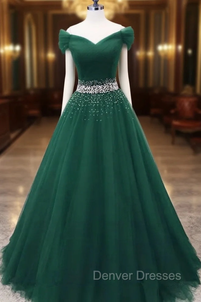 Gorgeous Dark Green Tulle Off Shoulder Long Party Dress, Prom Gown Main image