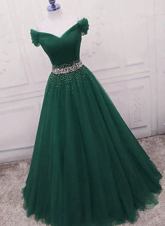 Gorgeous Dark Green Tulle Off Shoulder Long Party Dress, Prom Gown Main image
