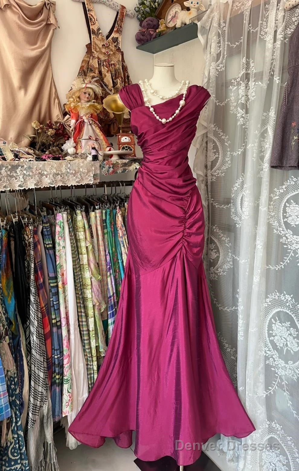 Gorgeous Dark Pink Mermaid Pleated Satin Irregular Neckline Ball Dress Birthday Dress Main image