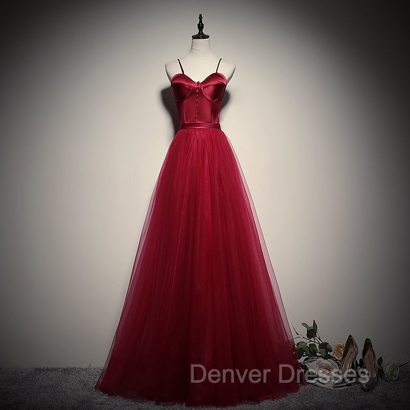 Gorgeous Dark Red Straps Tulle Long Party Dress, A-line Formal Dress