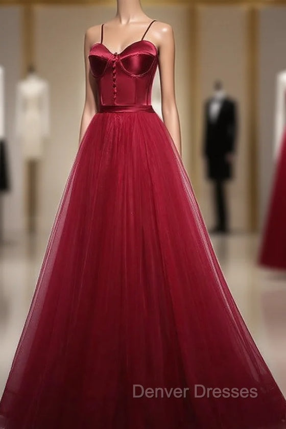 Gorgeous Dark Red Straps Tulle Long Party Dress, A-line Formal Dress