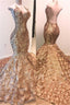 Gorgeous Gold Sequins Sleeveless Prom Party Gowns| Shiny Mermaid Evening Gowns With Flowers Bottom