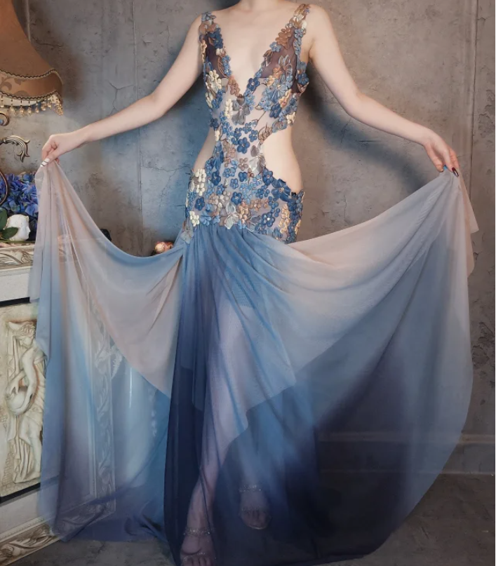 Gorgeous Gradient Blue 3D Floral Openwork Chiffon Long Prom Dress Evening Dress Secondary image