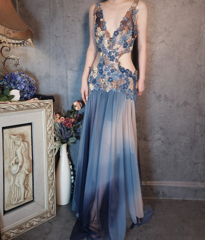 Gorgeous Gradient Blue 3D Floral Openwork Chiffon Long Prom Dress Evening Dress