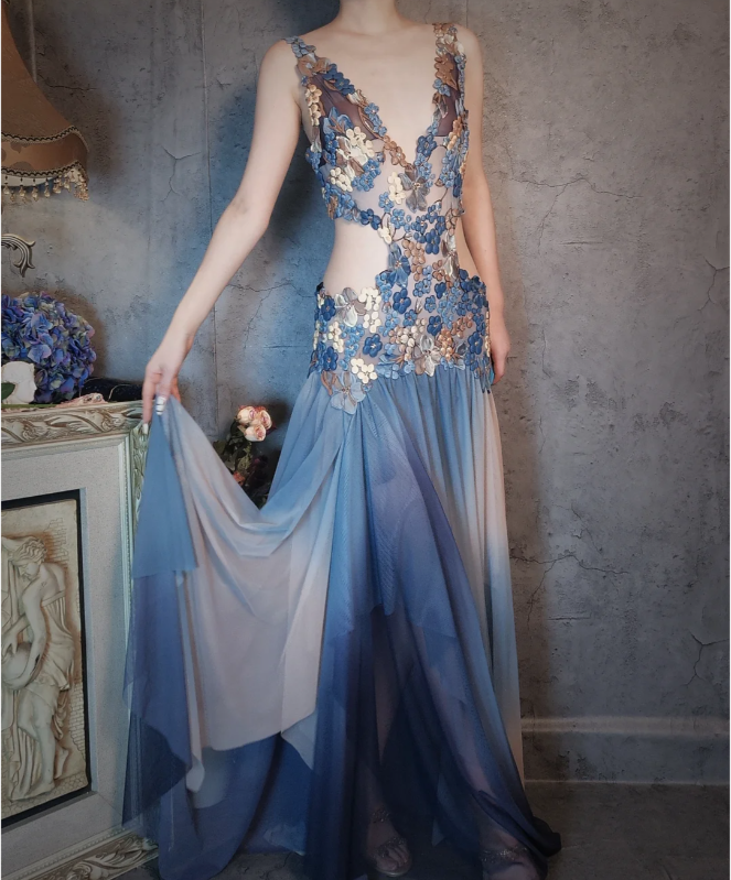 Gorgeous Gradient Blue 3D Floral Openwork Chiffon Long Prom Dress Evening Dress