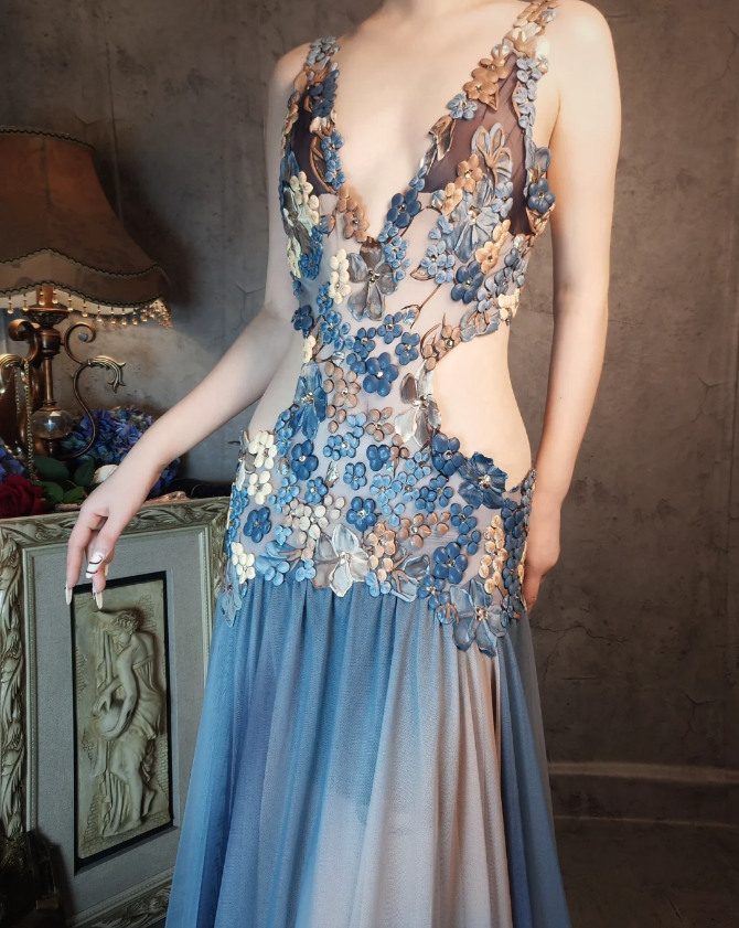 Gorgeous Gradient Blue 3D Floral Openwork Chiffon Long Prom Dress Evening Dress