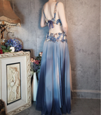 Gorgeous Gradient Blue 3D Floral Openwork Chiffon Long Prom Dress Evening Dress