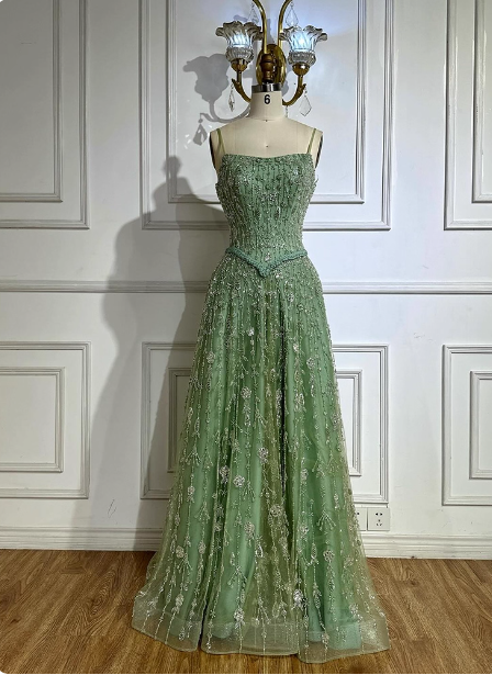 Gorgeous Green A-Line Square Neck Spaghetti Strap Beaded Embroidered Tulle Long Prom Dress Evening Dress Secondary image