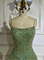 Gorgeous Green A-Line Square Neck Spaghetti Strap Beaded Embroidered Tulle Long Prom Dress Evening Dress