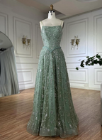 Gorgeous Green A-Line Square Neck Spaghetti Strap Beaded Embroidered Tulle Long Prom Dress Evening Dress