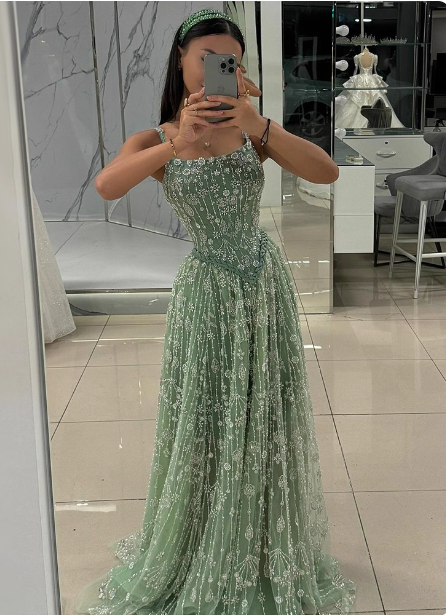 Gorgeous Green A-Line Square Neck Spaghetti Strap Beaded Embroidered Tulle Long Prom Dress Evening Dress Main image
