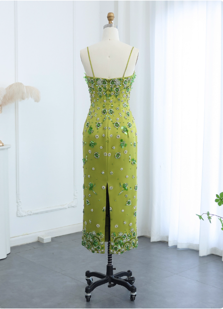 Gorgeous Green Bodycon Spaghetti Strap Square Neck Rhinestone Satin Long Prom Dress Evening Dress Secondary image