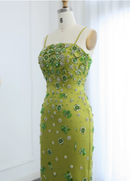Gorgeous Green Bodycon Spaghetti Strap Square Neck Rhinestone Satin Long Prom Dress Evening Dress