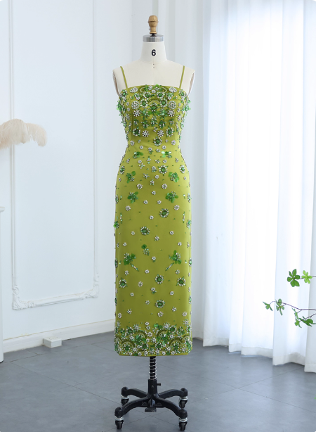 Gorgeous Green Bodycon Spaghetti Strap Square Neck Rhinestone Satin Long Prom Dress Evening Dress Main image