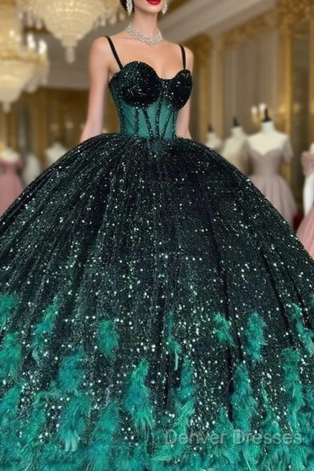 Gorgeous Green Sequins Feathers Ball Gown Quinceanera Dress Formal Sweet 16 Prom Dress