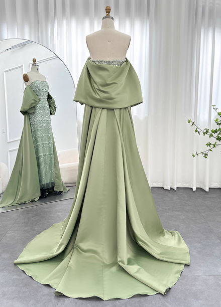 Gorgeous Green Strapless Beaded Cape Satin Train Prom Dress Evening Dress